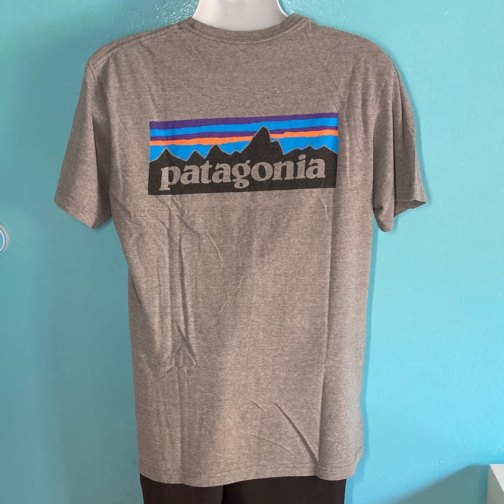 Patagonia Mens Size M 100% Organic Cotton Gray Logo Short Sleeve Tee Shirt